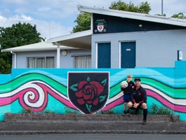 Dave O’Keeffe (left), Oliver (athlete, footballer and keen cyclist), Sean Stringfellow and Clare St Pierre outside the new mural at Te Awamutu Stadium on Armstrong Ave.
Photo / Shutter Media NZ